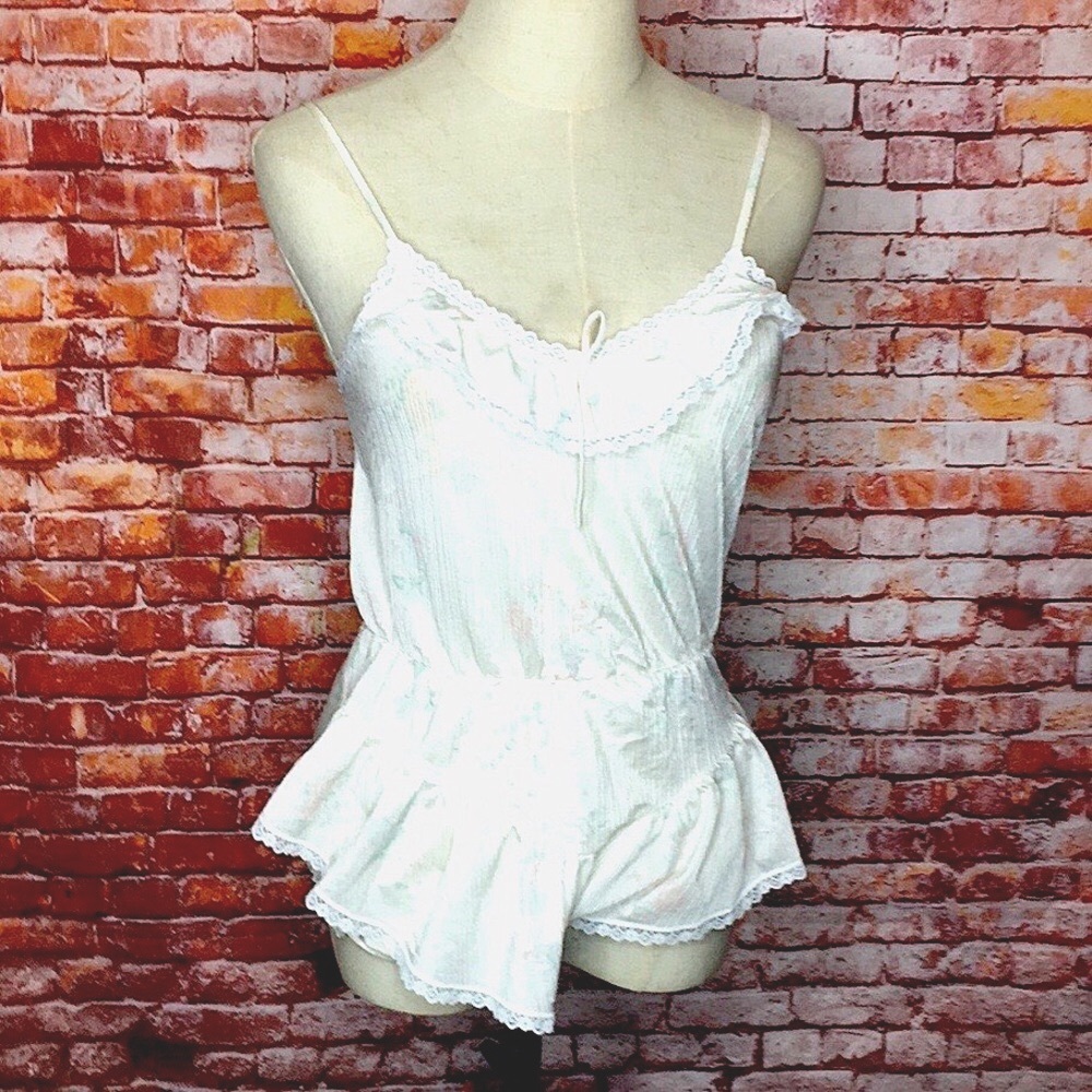 Vintage Movie Star White Floral Lace Trimmed Satin Teddy